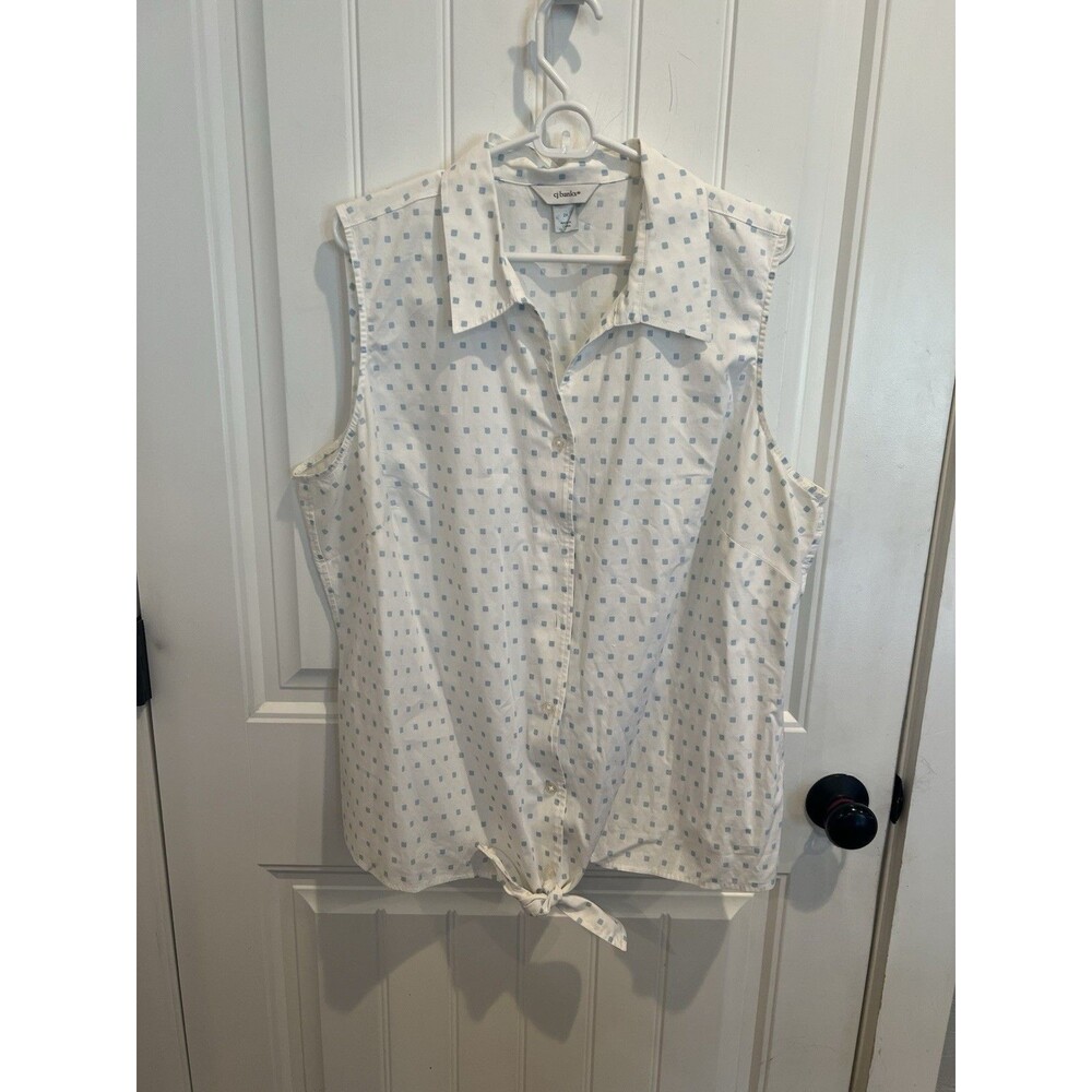 CJ Banks 2X Sleeveless Collared Shirt White Blue Square Print Tie Hem Plus Top